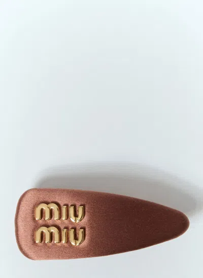 Miu Miu Logo Plaque Satin Hair Clip In Brown
