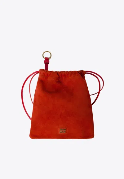 Miu Miu Logo Plaque Suede Pouch Bag In Red