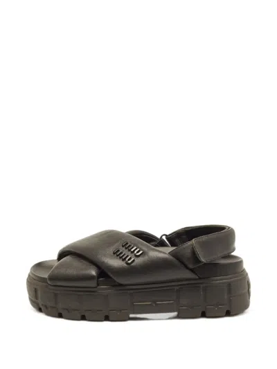 Pre-owned Miu Miu Logo Platform Slingback Sandals In Black