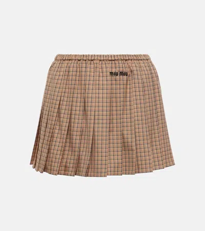 Miu Miu Logo Pleated Checked Cotton Miniskirt In Brown