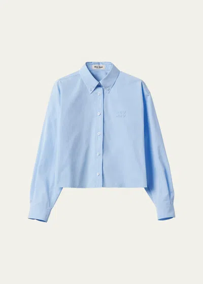 Miu Miu Logo-print Crop Frayed Button Shirt In Blue