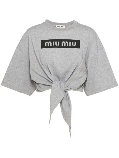 Miu Miu Logo-print Cropped T-shirt In Grey