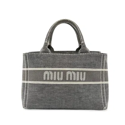 Miu Miu Logo Print Denim Tote Bag Black In Gray