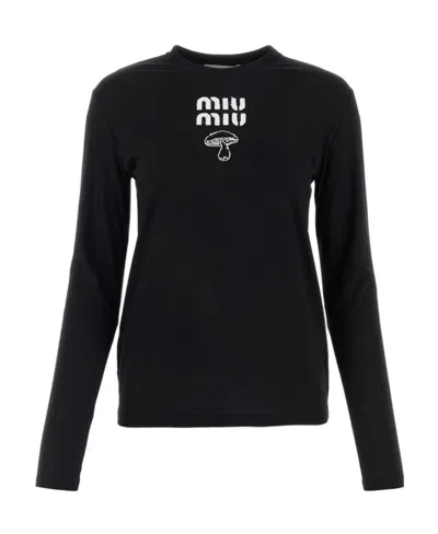 Miu Miu Logo-print Long-sleeve Cotton T-shirt In Black