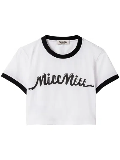 Miu Miu Striped Cropped Cotton Cardigan In White