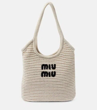Miu Miu Logo Raffia-effect Tote Bag In Neutral