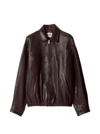 Miu Miu Logo-relief Regular-fit Leather Jacket In Brown