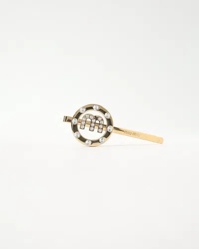 Miu Miu Logo Rhinestone Gold Hairpin
