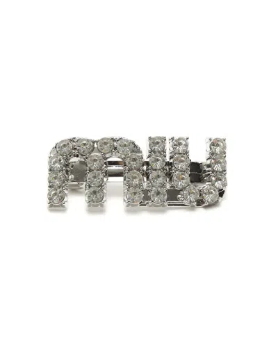 Pre-owned Miu Miu Logo Rhinestone Hair Clip In Silver