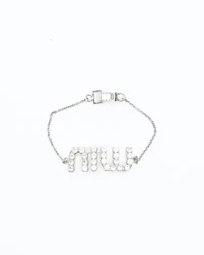 Miu Miu Logo Rhinestone Silver Bracelet