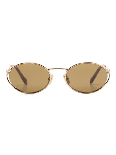 Miu Miu Logo Round-frame Sunglasses In Gold