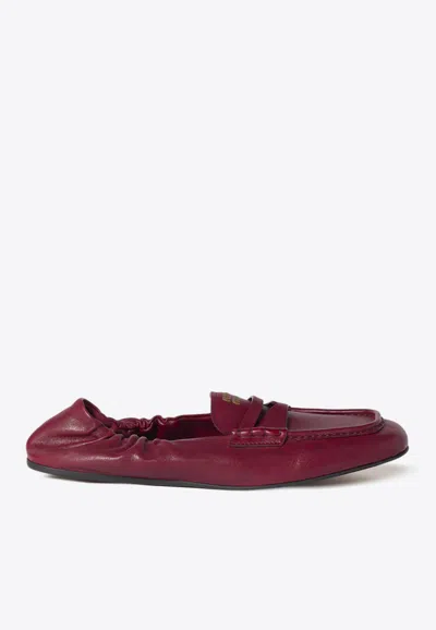 MIU MIU LOGO RUCHED LEATHER LOAFERS