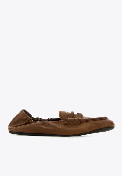 Miu Miu Logo Ruched Nappa Leather Loafers In Brown