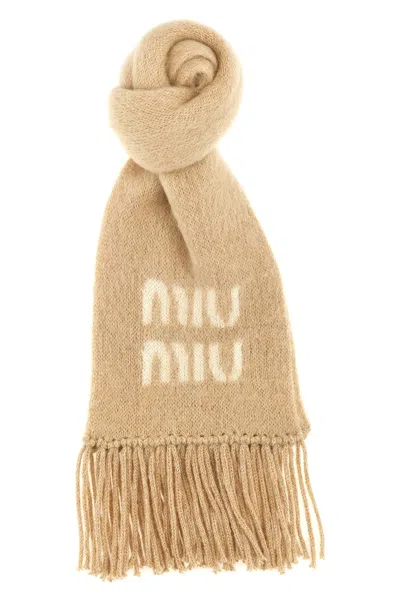 Miu Miu Logo Scarf In Sand