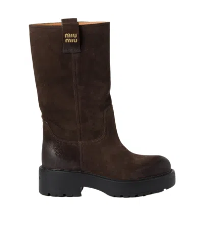 Miu Miu Logo Short Boots In Black
