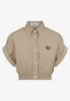 Miu Miu Cropped Green Shirt With Fitted Waist And Rolled Sleeves In Neutral