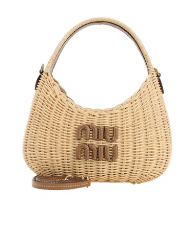 Miu Miu Wander Wicker Handbag In Beige