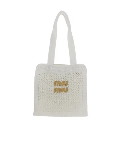 Miu Miu Crochet Raffia Tote Bag In White
