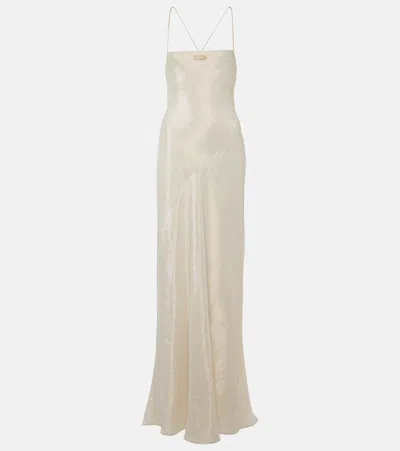 Miu Miu Logo Silk-blend Lamé Gown In Neutral