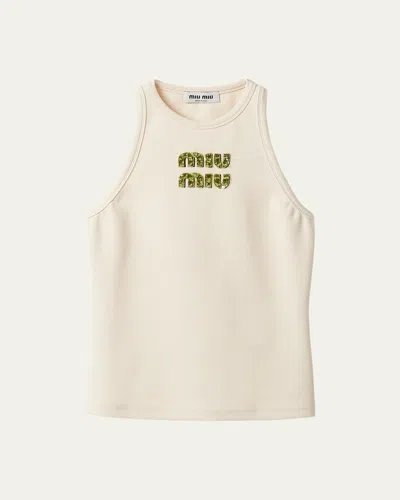 Miu Miu Logo Slim Racerback Top In Beige