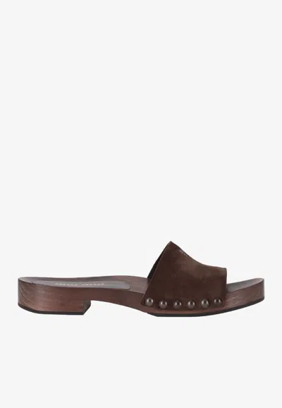Miu Miu Logo Stamp Suede Sandals In Brown