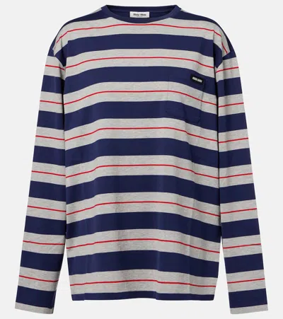 Miu Miu Logo Striped Cotton Jersey Top In Multi