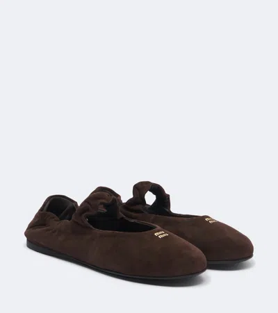 Miu Miu Suede Round Toe Flat Ballerina Shoes In Brown