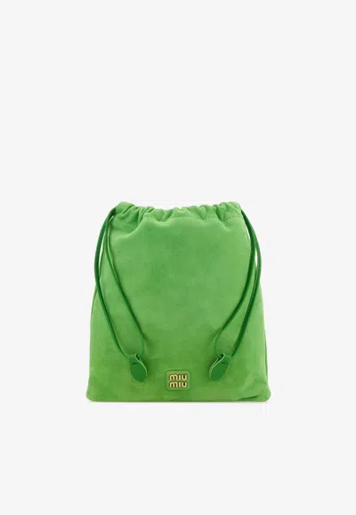 Miu Miu Logo Suede Drawstring Pouch In Green