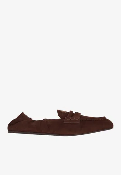 Miu Miu Logo Suede Leather Loafers In Brown