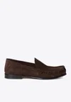 Miu Miu Suede Round Toe Slip On Loafers In Brown