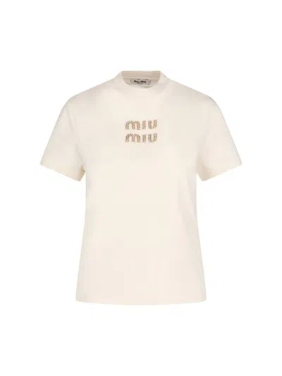 Miu Miu Logo T-shirt With Rhinestones In Cream | ModeSens