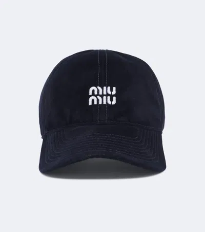 Miu Miu Logo Velvet Baseball Cap In Blue