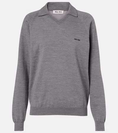 Miu Miu Logo Virgin Wool Polo Sweater In Gray
