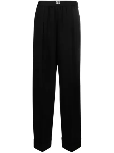 Miu Miu Logo-waistband Wool-blend Trousers In Schwarz