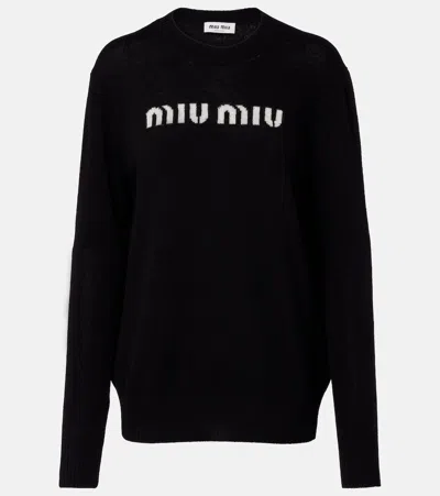 Miu Miu Logo Wool And Cashmere Sweater In Black