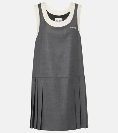 MIU MIU LOGO WOOL GRISAILLE MINIDRESS