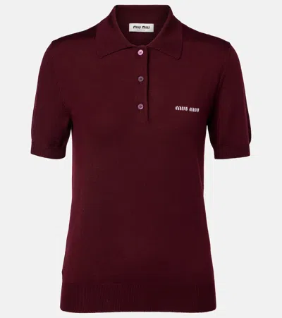 Miu Miu Logo Wool Polo Sweater In Burgundy