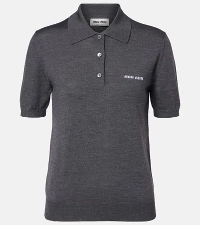 Miu Miu Logo Wool Polo Sweater In Gray