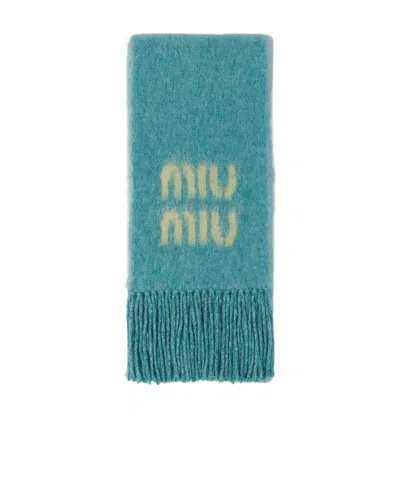 Miu Miu Logo Wool Scarf In Blue