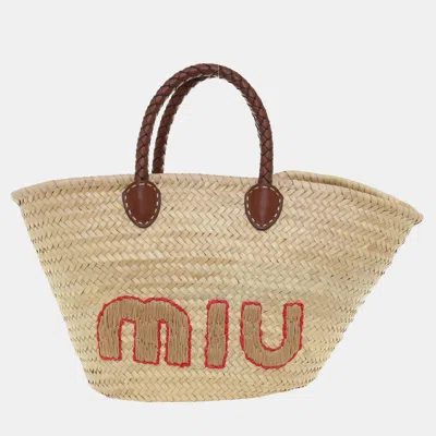 Pre-owned Miu Miu Logo Woven Straw Tote In Beige