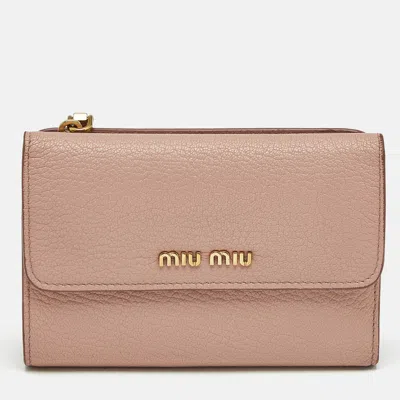 Pre-owned Miu Miu Logo Zip Beige Leather Trifold Wallet In Sand