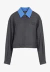 Miu Miu Gabardine Blouson Jacket With Poplin Collar In Gray