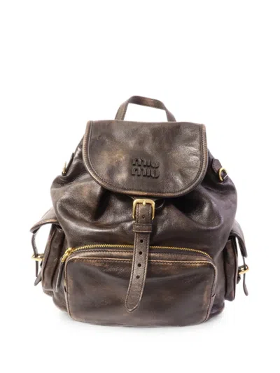 Pre-owned Miu Miu Logo-detail Leather Backpack In Brown