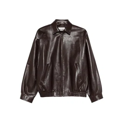 Miu Miu Logo-detail Leather Jacket In Brown