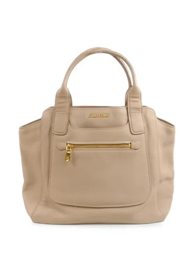 Pre-owned Miu Miu Logo-detail Leather Tote Bag In Neutrals