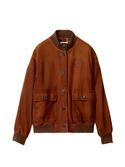 Miu Miu Logo Suede Blouson Jacket In Brown