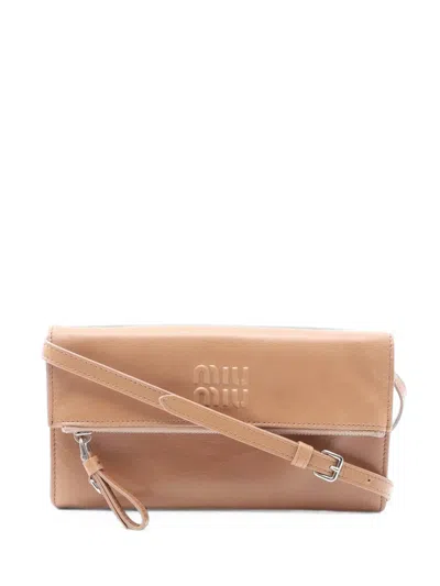 Pre-owned Miu Miu Logo-embossed Leather Clutch Bag In Neutrals