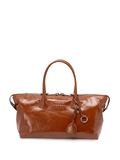 Miu Miu Logo-embossed Leather Tote Bag In Brown