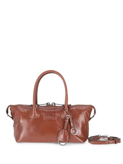 Miu Miu Shiny Leather Handbag With Front Lettering Logo In Brown