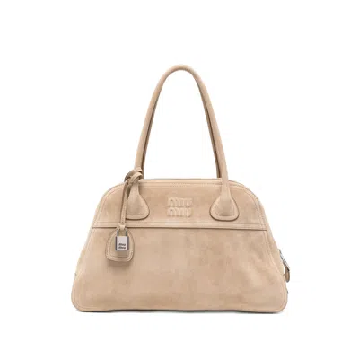 Miu Miu Logo-embossed Suede Tote Bag In Nude